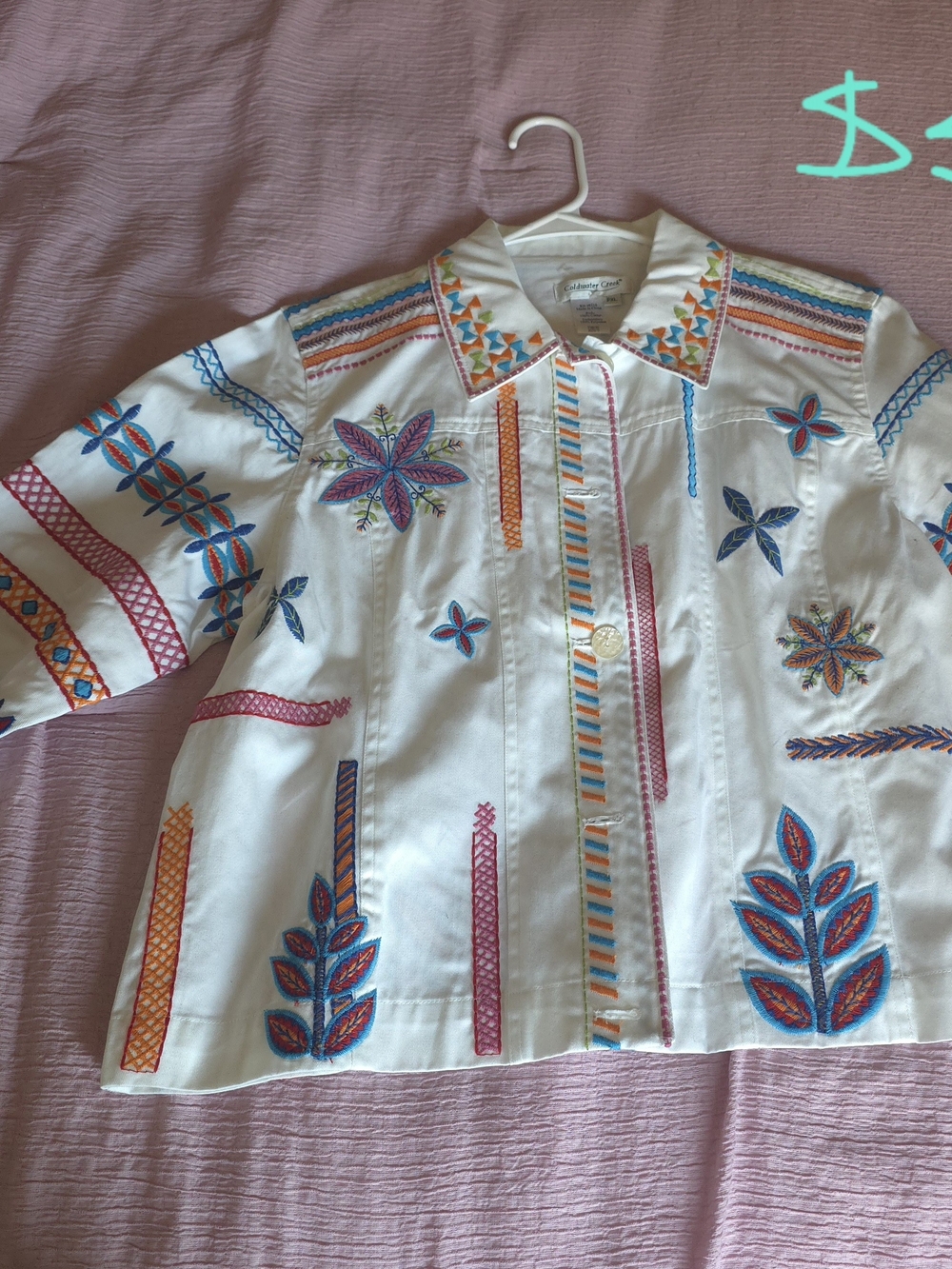Coldwater Creek White Button-Front Jacket with Multicolor Embroidery